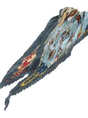 HERMES Pleated Scarf "Real Escuela Andaluza del Arte" Silk Blue Auth BA9111